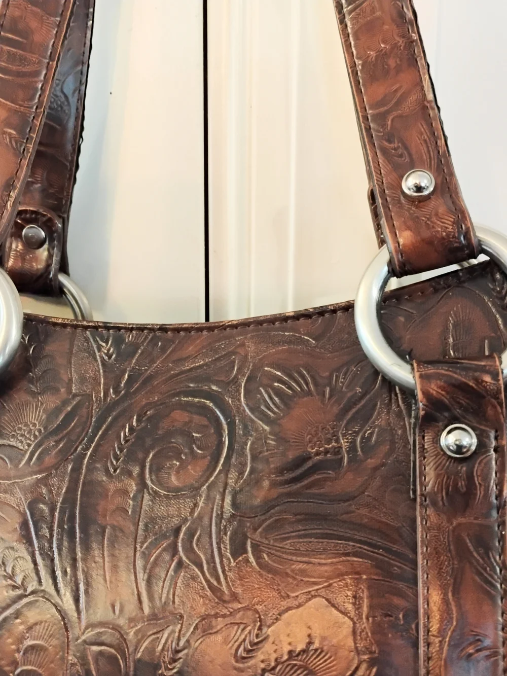 Nine West Brown Floral Faux Leather Shoulder Tote Bag Sliver Ring Accents